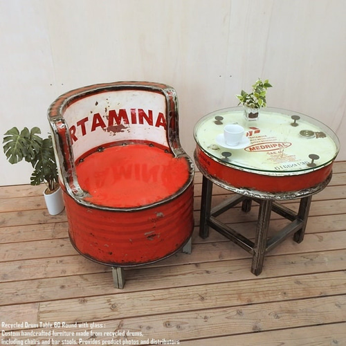 訳あり ドラム缶をリメイクしたテーブル 60cm ラウンド ガラステーブル