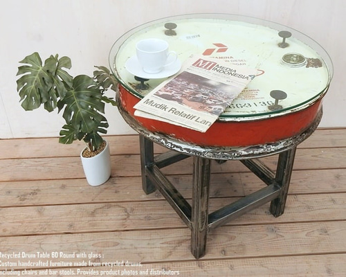 訳あり ドラム缶をリメイクしたテーブル 60cm ラウンド ガラステーブル