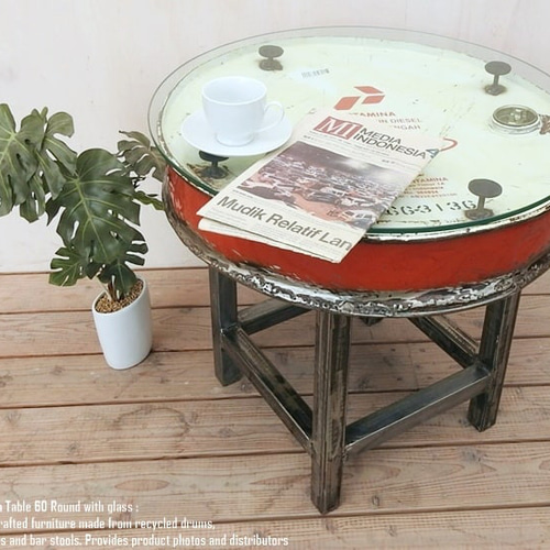 訳あり ドラム缶をリメイクしたテーブル 60cm ラウンド ガラステーブル