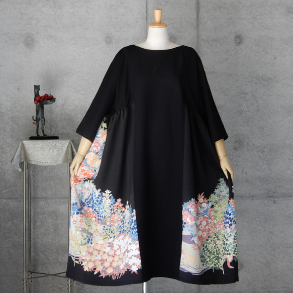 着物リメイク　黒留チュニックワンピース   フリーサイズ  kimono 2枚目の画像
