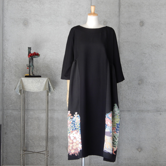 着物リメイク　黒留チュニックワンピース   フリーサイズ  kimono 5枚目の画像