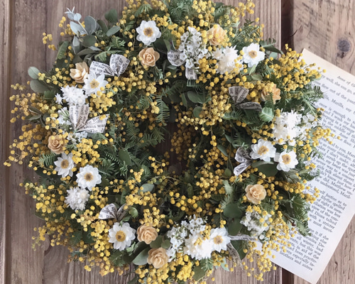 花粉が飛びにくい＊ミモザのリース2 ドライフラワー あおいとりきもも