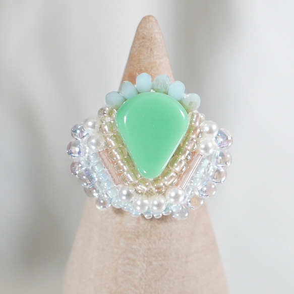 Chatty 戒指 66 均碼串珠刺繡戒指綠色多色透明 第4張的照片