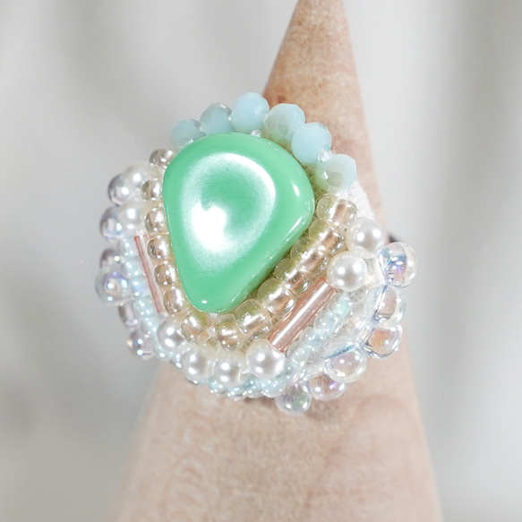 Chatty 戒指 66 均碼串珠刺繡戒指綠色多色透明 第3張的照片