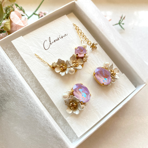 creema限定】白桜のアクセサリーセット(ラベンダー) イヤリング