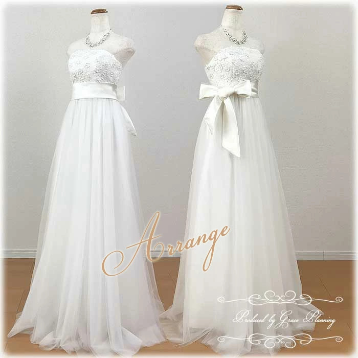 ハイウエスト ウェディングドレス 小花 結婚式 前撮り 大きいサイズあり サッシュリボン付き 編み上げ gcd13025