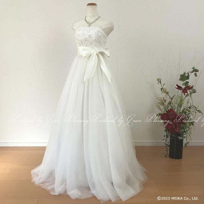 ハイウエスト ウェディングドレス 小花 結婚式 前撮り 大きいサイズあり サッシュリボン付き 編み上げ gcd13025