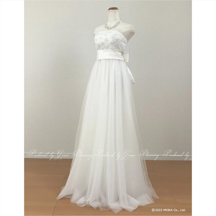 ハイウエスト ウェディングドレス 小花 結婚式 前撮り 大きいサイズあり サッシュリボン付き 編み上げ gcd13025