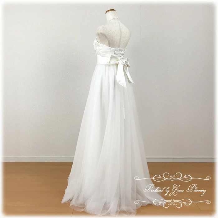 ハイウエスト ウェディングドレス 小花 結婚式 前撮り 大きいサイズあり サッシュリボン付き 編み上げ gcd13025