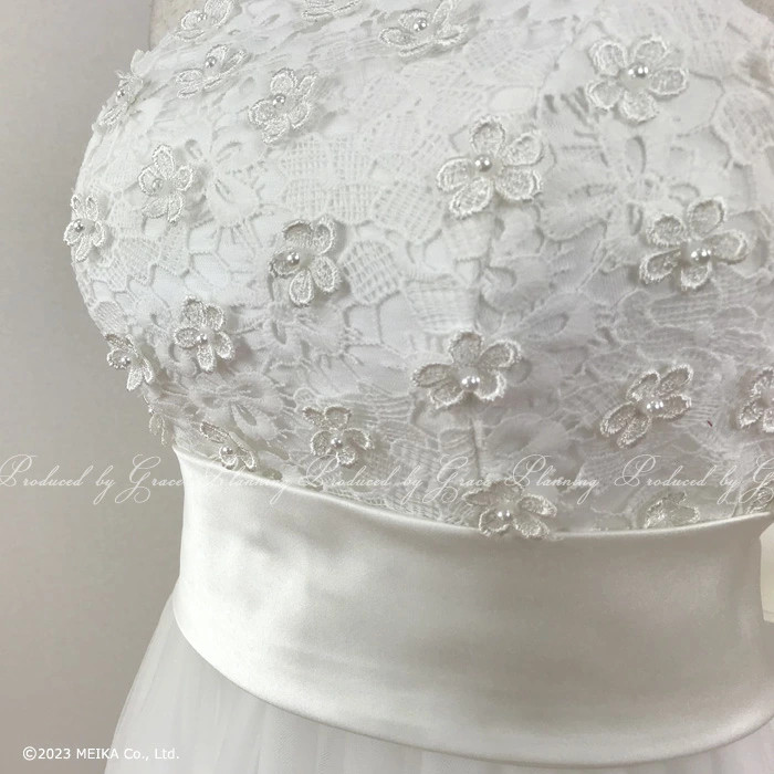 ハイウエスト ウェディングドレス 小花 結婚式 前撮り 大きいサイズあり サッシュリボン付き 編み上げ gcd13025