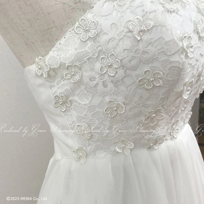 ハイウエスト ウェディングドレス 小花 結婚式 前撮り 大きいサイズあり サッシュリボン付き 編み上げ gcd13025