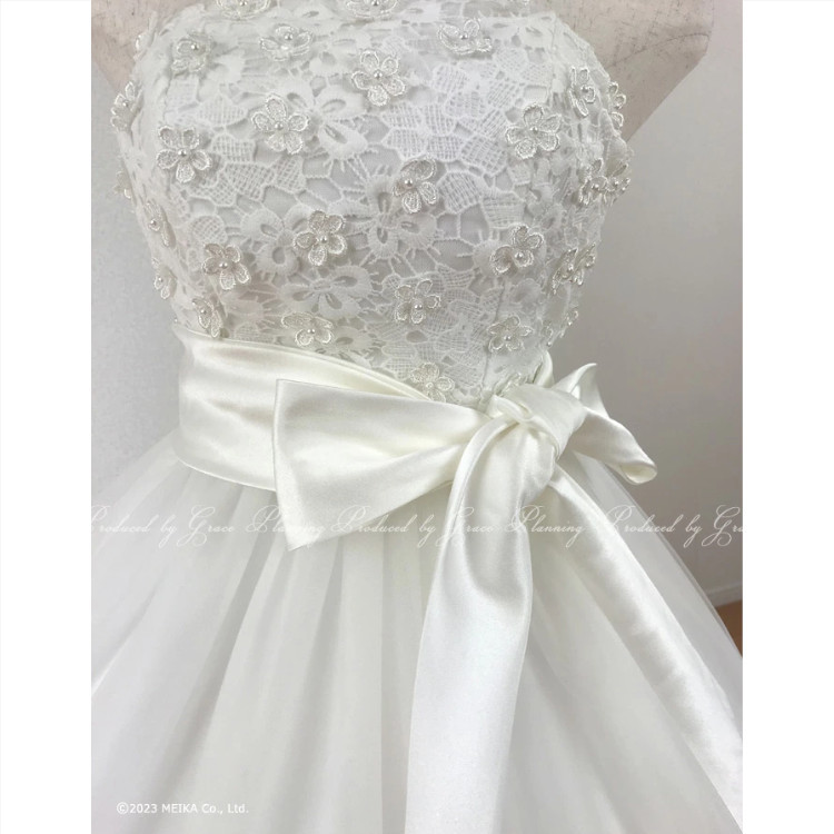 ハイウエスト ウェディングドレス 小花 結婚式 前撮り 大きいサイズあり サッシュリボン付き 編み上げ gcd13025