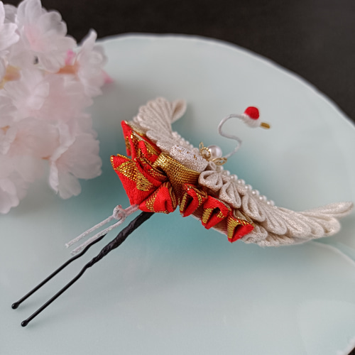 祝鶴✵中»つまみ細工髪飾り 鶴金紅②銀通し 成人式 結婚式 卒業式 祝賀