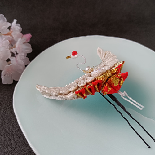 祝鶴✵中»つまみ細工髪飾り 鶴金紅②銀通し 成人式 結婚式 卒業