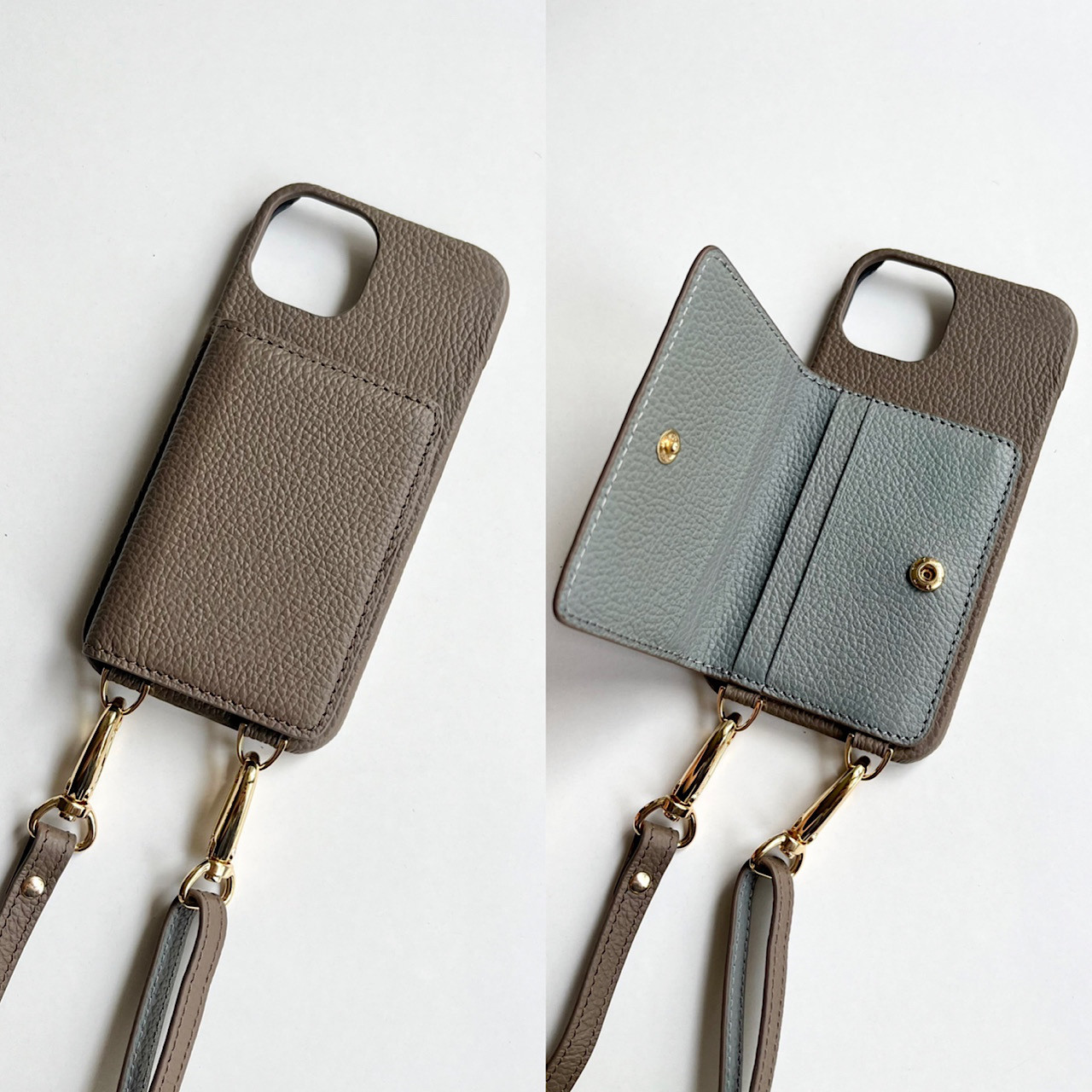 #3 名入れ可｜バイカラー本革iPhoneショルダーケース（背面収納　スマホショルダー）Etaupe+Grey