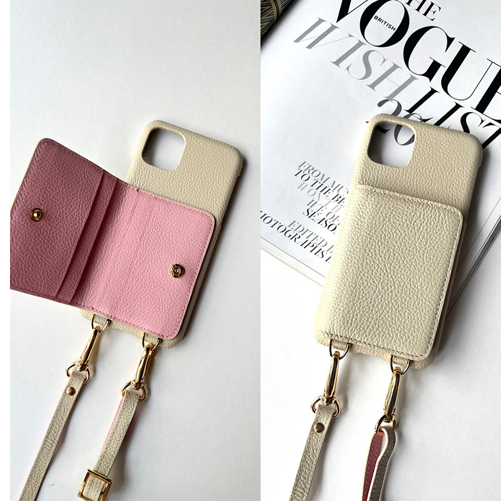 スマホショルダー　レザー　名入れ可　バイカラー　本革 　スマホケース  名入れ レザー　iphoneケース