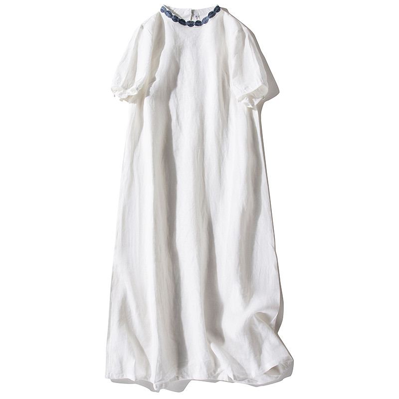 リネンワンピース　襟刺繍　半袖ワンピース　シンプルワンピース　ホワイト3サイズ　L170WH