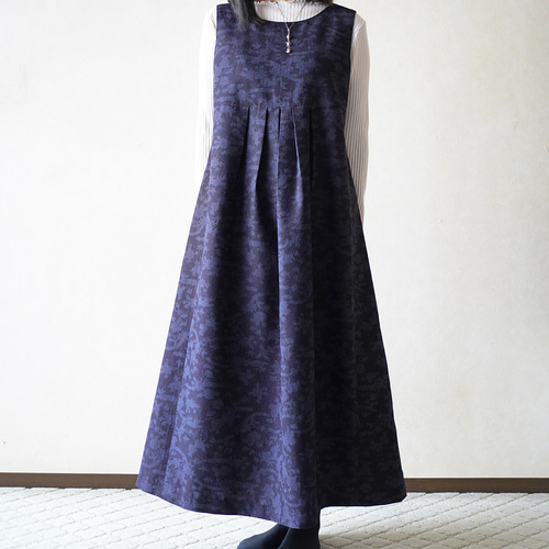 着物リメイク◇藍色真綿紬 ハイウエストのタックワンピース