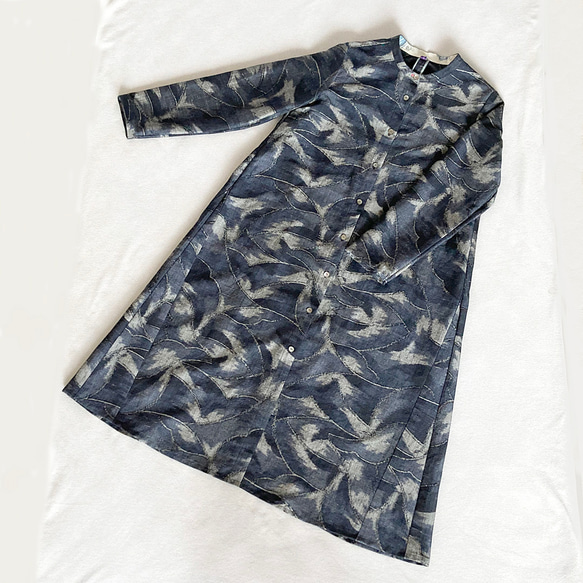 着物リメイク◇藍色×グレー紬のAラインシャツワンピース 10枚目の画像