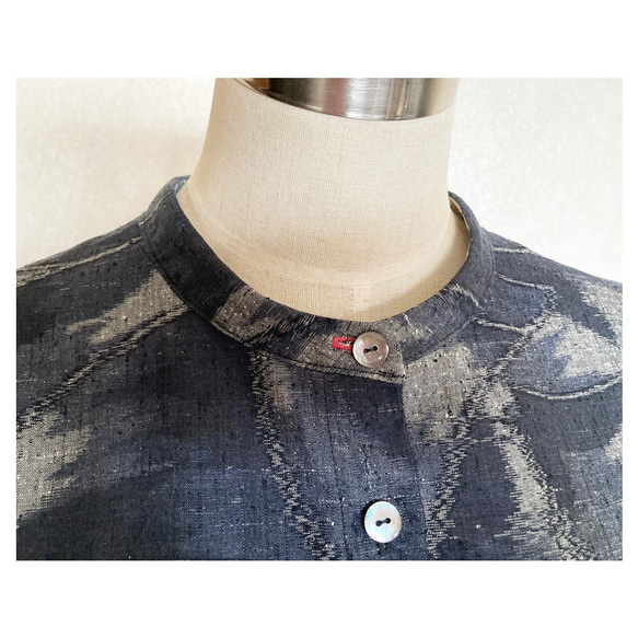 着物リメイク◇藍色×グレー紬のAラインシャツワンピース 5枚目の画像
