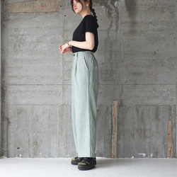 美麗寬腿♡棉麻條紋褲（23s-08）綠色 第4張的照片