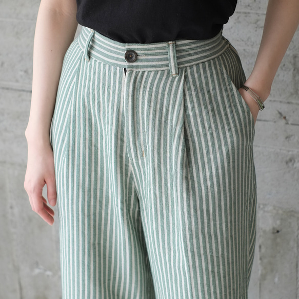 美麗寬腿♡棉麻條紋褲（23s-08）綠色 第12張的照片