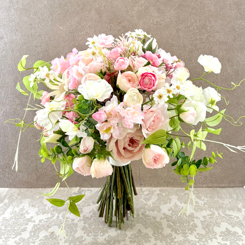 桜とバラのブーケ、春、ウェディングブーケ 造花ブーケ 桜 薔薇 ピンク