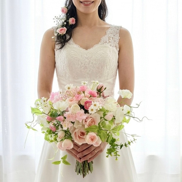 桜とバラのブーケ、春、ウェディングブーケ 造花ブーケ 桜 薔薇 ピンク