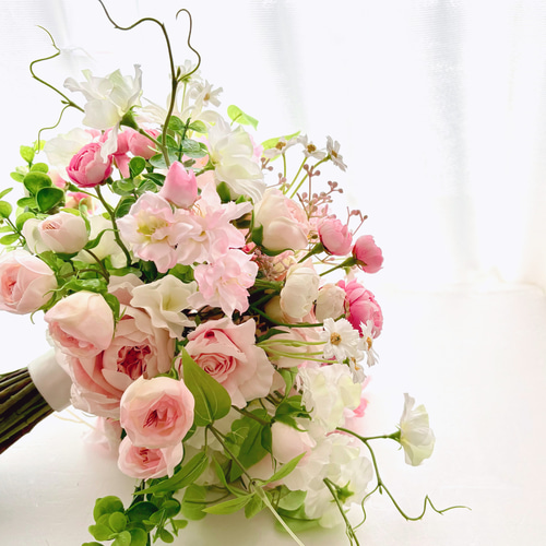 桜とバラのブーケ、春、ウェディングブーケ 造花ブーケ 桜 薔薇 ピンク