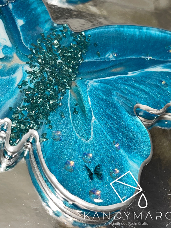ブルー　バタフライ蝶々　レジン　トレー　お皿　コースター 2枚目の画像