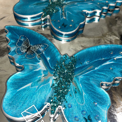 ブルー バタフライ蝶々 レジン トレー お皿 リングピロー その他