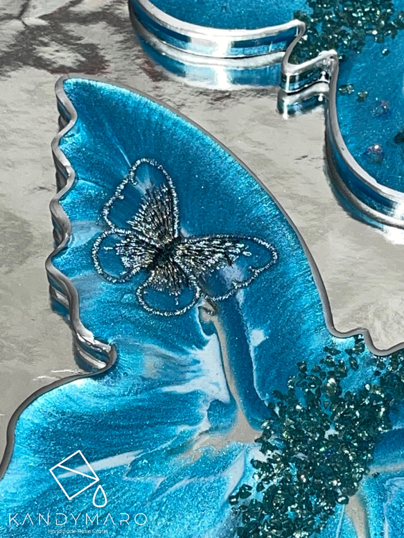 ブルー　バタフライ蝶々　レジン　トレー　お皿　コースター 4枚目の画像