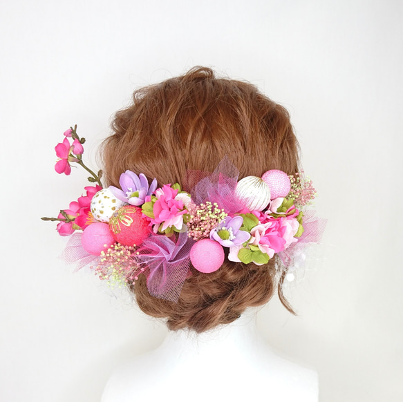 【一点限定】桜色 ちりめん和玉と梅とプリザ紫陽花のヘッドドレス 成人式 卒業式 和風 ピンク 3枚目の画像