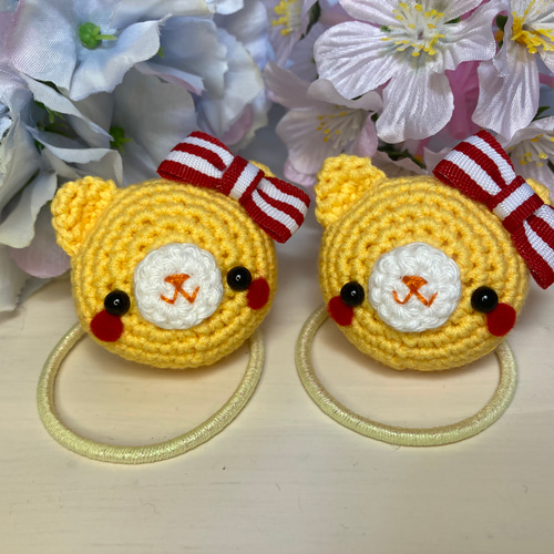 【メーカー直売】 あみぐるみヘアゴム♡アイボリーくまちゃん（オレンジギンガム ファッション雑貨