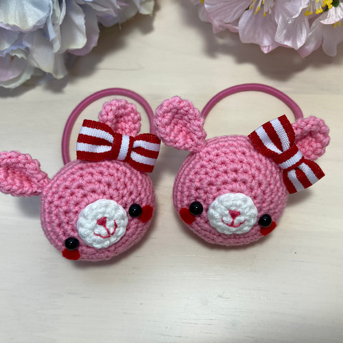 オーガンジー  リボン  ヘアゴム スイーツ大好きうさぎちゃん お子様用かわいいうさぎちゃんの編みぐるみヘアゴム☆2個セット