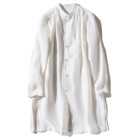 ロングリネンシャツ　チャイナドレス風　前に花刺繍リネンシャツ　長袖ロングシャツ　ホワイト　S-Lサイズ　L163　 1枚目の画像