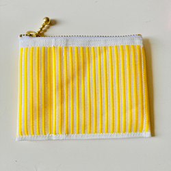 キャッシュレス化 黄色と白のストライプ柄畳縁 小銭カード入れポケット付きポーチ コンパクト財布 1枚目の画像