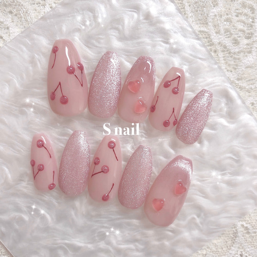 ネイルチップ ピンク さくらんぼ マグネットネイル 春 マグネット