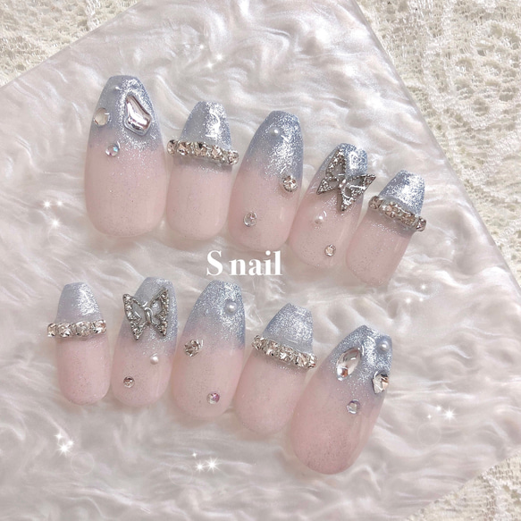 20))ワンホンネイル フレンチガーリー マグネットネイル ピンクネイル ブルー 当日発送】水光ネイルピンクリボンブルーマグネットフレンチ