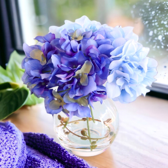 《ずっと咲いてる》雨が似合うブルー紫陽花３色アレンジ/アーティフィシャルフラワー（造花） 2枚目の画像