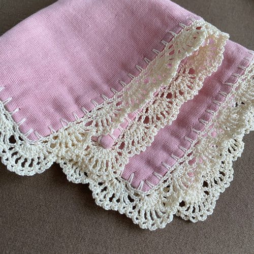 ♡ ガーゼとパイルのレースミニハンカチ ♡ピンクローズ LT-002ハンドメイド ♡ ガーゼとパイルのレースミニハンカチ ♡ピンクローズ LT-002