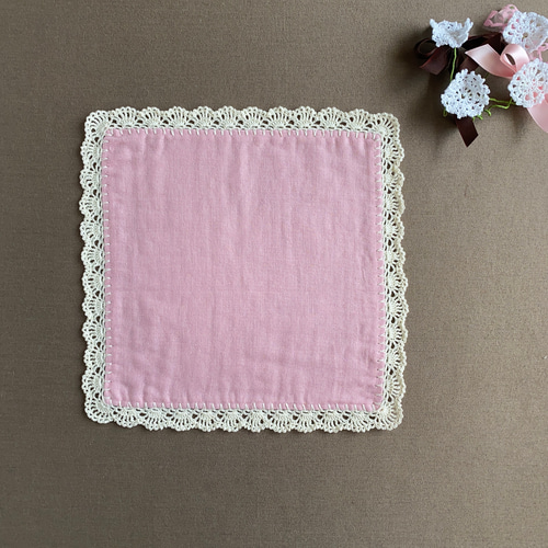 ♡ ガーゼとパイルのレースミニハンカチ ♡ピンクローズ LT-002ハンドメイド ♡ ガーゼとパイルのレースミニハンカチ ♡ピンクローズ LT-002