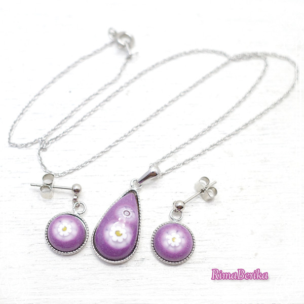 RimaBerika　七宝ミルフィオリのピアス・ペンダントセット[パープル]　de-71-rb-31