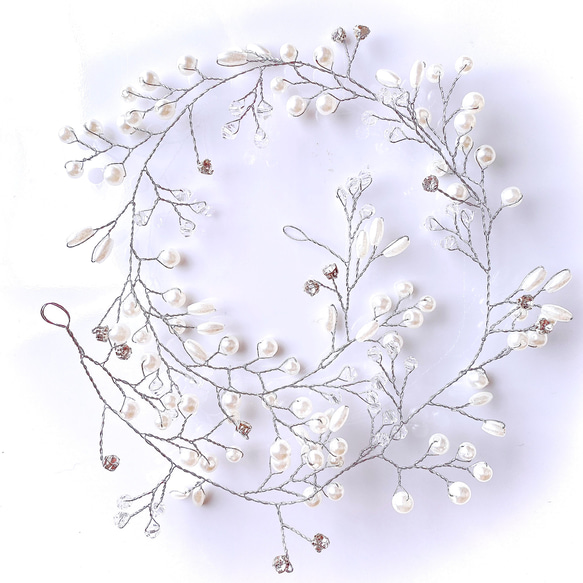 小枝 パール リーフ ヘッドドレス  / ブライダル バックカチューシャ  成人式 結婚式 ヘッドアクセサリー 2枚目の画像