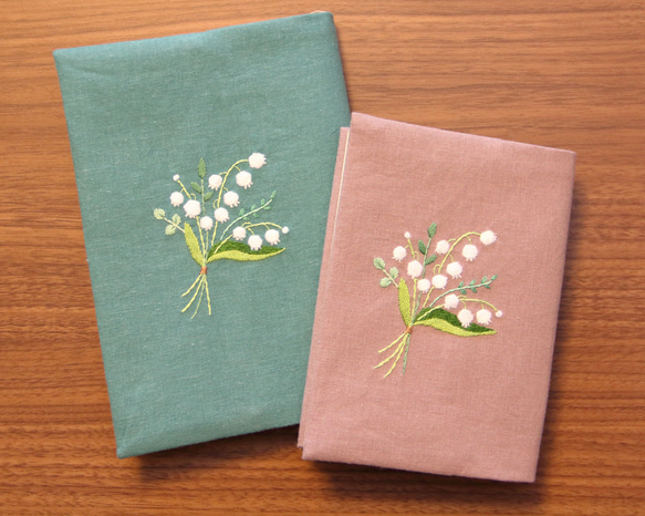 ブックカバー　すずらん　刺繍　文庫本/新書判/四六判ソフト　ダスティピンク 7枚目の画像