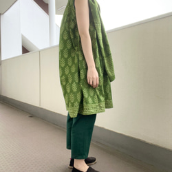 インド綿セットアップ④　パンジャビドレス　ブロックプリント　トップ　パンツ　ストール　3点セット　ピスタチオグリーン 2枚目の画像
