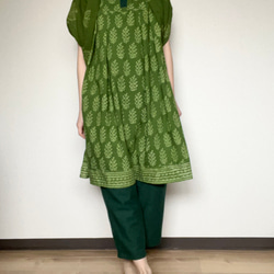 インド綿セットアップ④　パンジャビドレス　ブロックプリント　トップ　パンツ　ストール　3点セット　ピスタチオグリーン 6枚目の画像