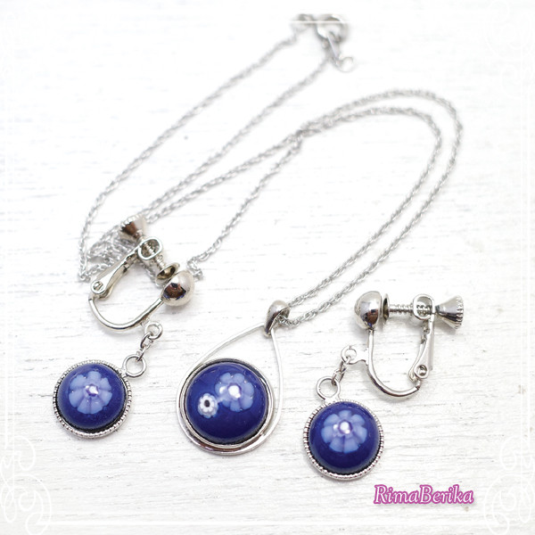 RimaBerika　七宝ミルフィオリのイヤリング・ペンダントセット[ネイビー]　de-71-rb-33