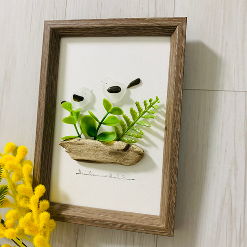 シーグラスアート シマエナガ 観葉植物 インテリア誕生日プレゼント 新築祝い シーグラスアート インテリア雑貨 シマエナガ家族 観葉植物 小鳥