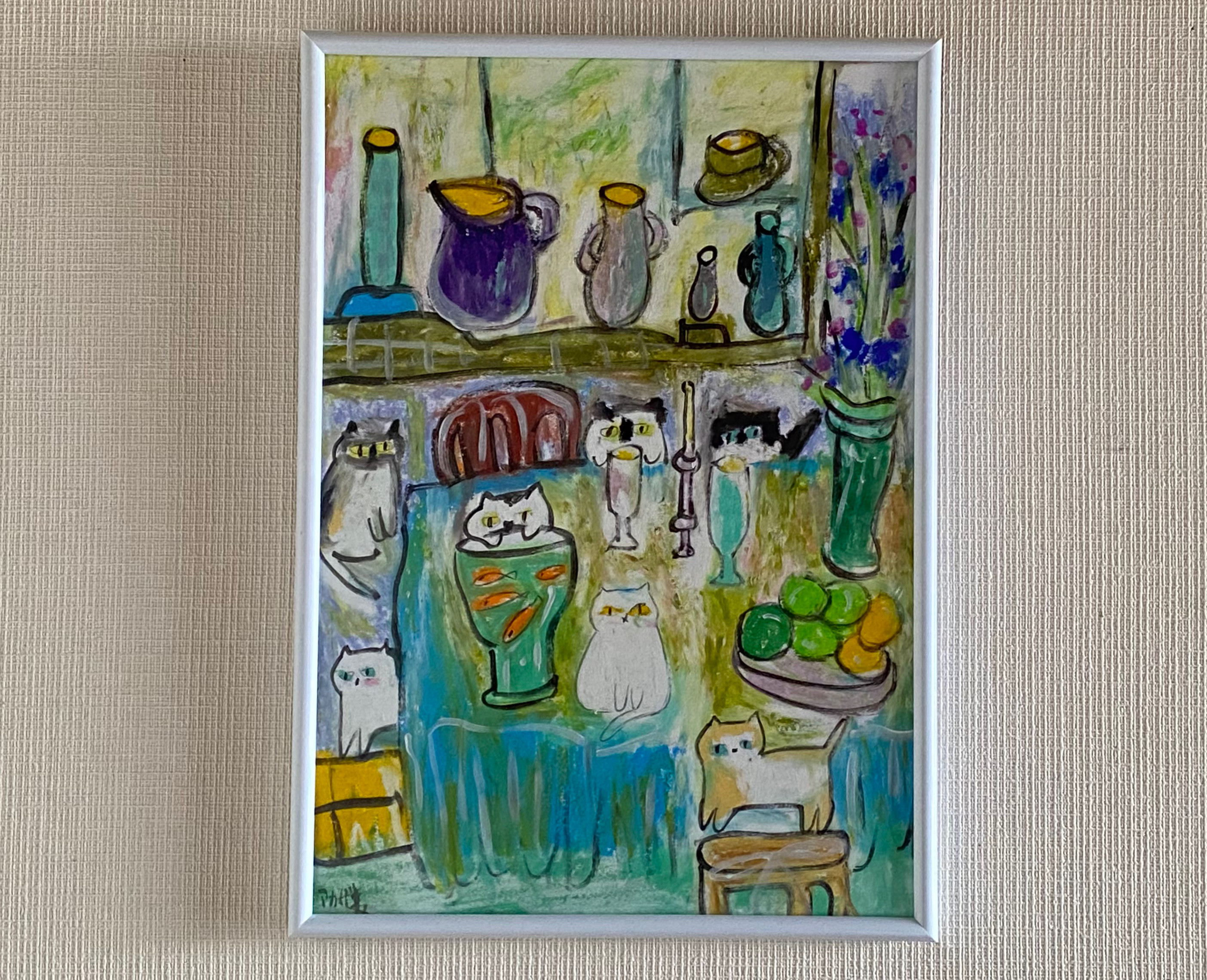 特別価格☆【原画】『夏の終わりの使者』（黒猫　金魚　絵画　手描き　和風　） 原画「黒猫と金魚鉢と文鳥」猫/小鳥/金魚/イラスト/アート/絵画